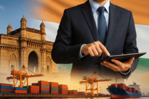 How to enter Indian market as a foreign company — A visual representation of international business expansion into India, showcasing a businessman using a tablet, shipping containers at a port, and the Gateway of India, symbolizing Savi Enterprises’ strategic expertise in helping global brands establish a successful presence in the Indian market.