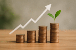 Growing business concept with stacks of coins arranged in increasing height from left to right, a small green plant sprouting from the tallest stack, and a rising arrow-shaped graph in the background on a wooden desk under natural lighting, with no text or humans, only objects.