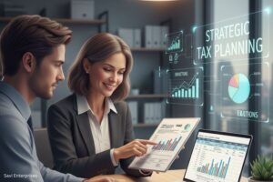 Tax advisory services: Savi Enterprises consultants provide strategic tax planning, deductions, and solutions, displayed on a tablet and laptop, with holographic financial charts in the background.