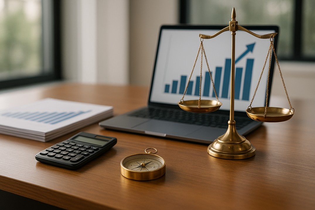 A wooden office desk with a calculator, golden compass, and balance scale placed in front of a laptop showing rising bar graphs, symbolizing financial guidance and advisory services. Savi Enterprises.