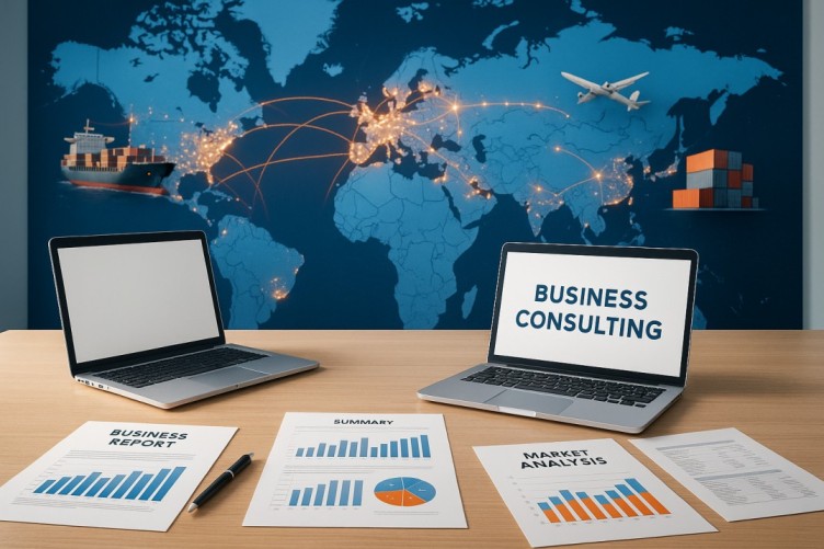 Business consultant services concept with two laptops on a desk, business reports, charts, and market analysis documents, in front of a world map showing global trade routes, cargo ship, airplane, and shipping containers symbolizing international business, import, and export activities.