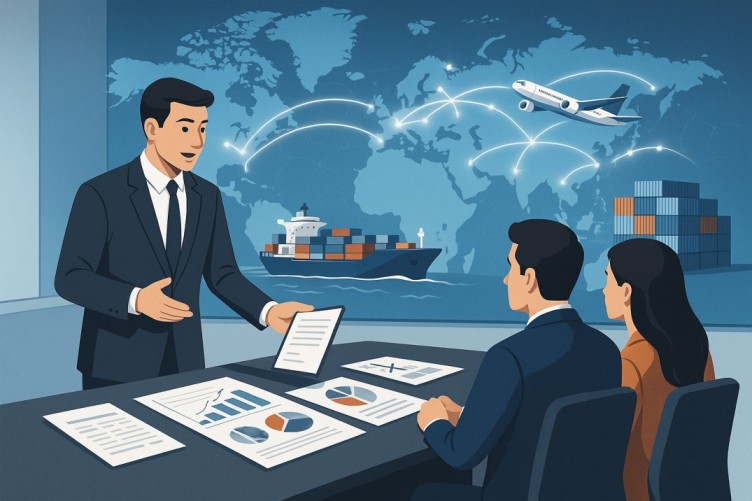 Business consultant services illustrated by a consultant presenting charts and reports to two clients at a desk, with a world map in the background featuring trade routes, a cargo ship, an airplane, and shipping containers, symbolizing global business, import, and export services.