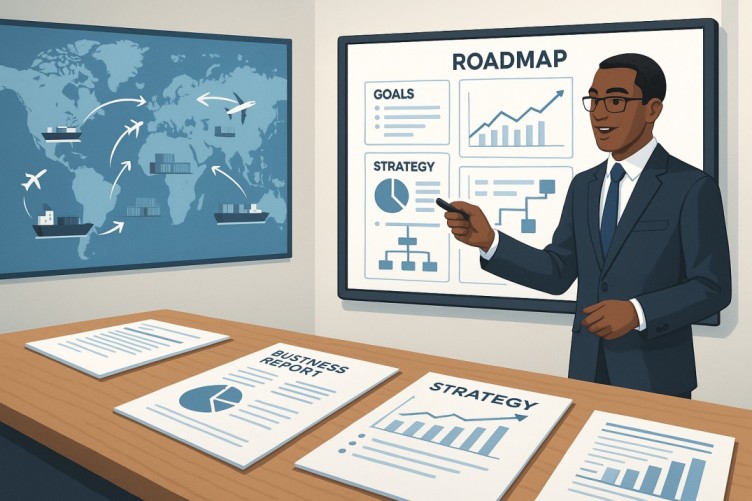 Business consultant services represented by a consultant presenting a roadmap with goals, strategy charts, and growth graphs on a screen, while business reports and strategy documents lie on a desk, with a world map in the background highlighting global trade, import, and export connections.