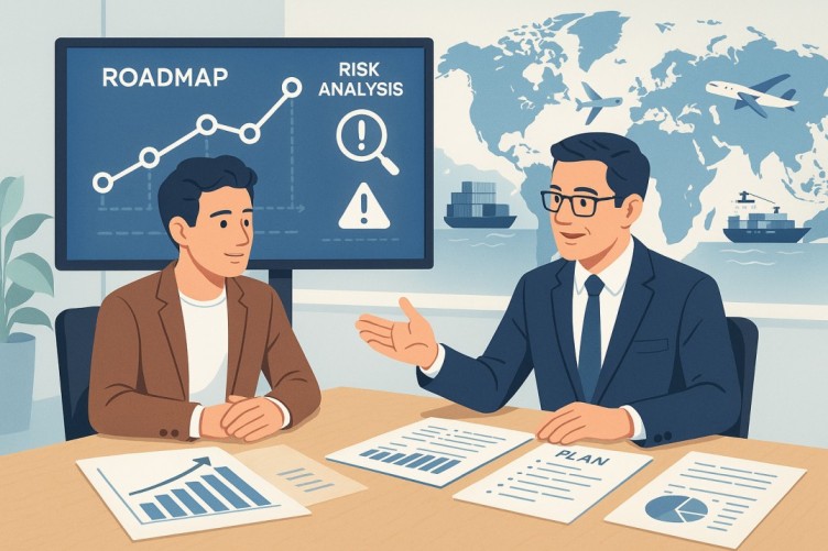 Business consultant services shown through a consultant discussing a roadmap and risk analysis with a startup founder, with charts, reports, and planning documents on the table, and a world map in the background featuring airplanes and cargo ships to represent global trade, import, and export services.