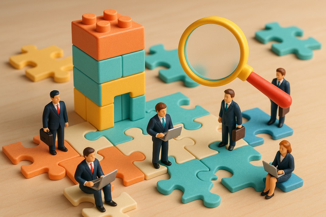 Consultancy company team analyzing business strategy with puzzle pieces, magnifying glass, and professionals symbolizing corporate consultancy solutions.