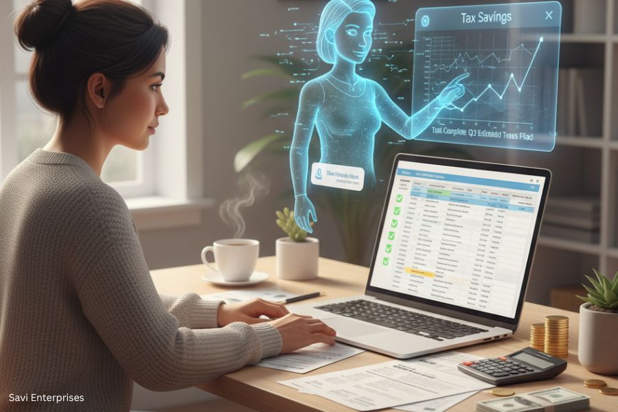Tax advisory services: Savi Enterprises' female client reviews tax savings on a laptop with a holographic AI assistant pointing to financial charts.