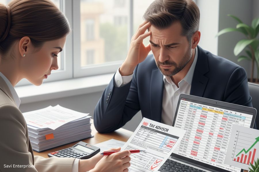 Tax advisory services: A concerned client meets with their Savi Enterprises tax advisor, who is pointing out important details on a "Tax Advisor" form to help them manage and reduce their tax burden.