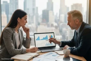 business consulting savi enterprises professional meeting business discussion analyzing charts financial strategy laptop with graphs corporate meeting business growth planning