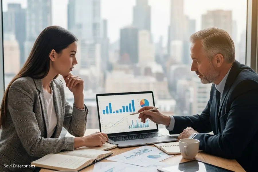 business consulting savi enterprises professional meeting business discussion analyzing charts financial strategy laptop with graphs corporate meeting business growth planning