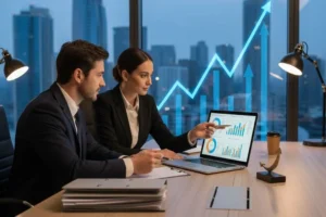 accounting-company-business-team-meeting-financial-discussion-data-analytics-icons-corporate-office-environment-finance-professionals-collaboration