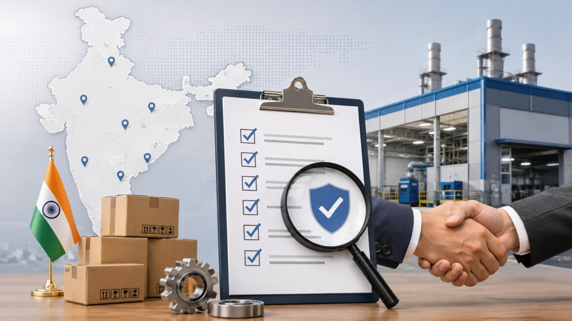 Reliable suppliers and manufacturers in India verification concept showing factory, checklist, magnifying glass, India map, product boxes, quality approval symbol, and business partnership handshake.