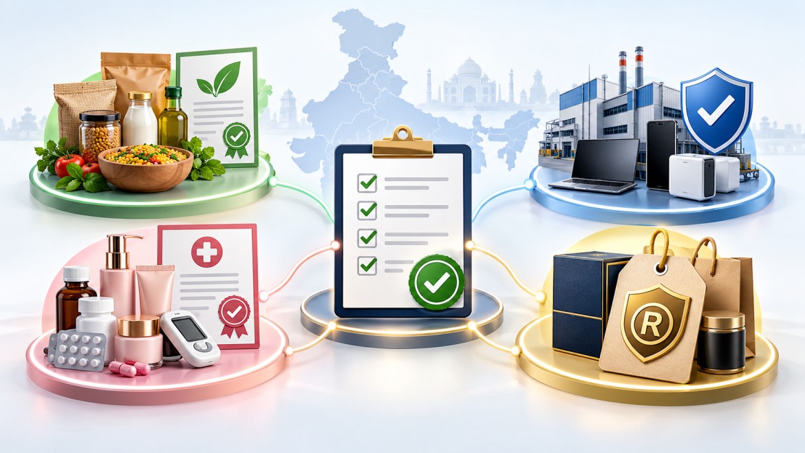 Product certification in India by Savi Enterprises showing FSSAI, BIS, CDSCO and Trademark compliance with food products, electronics, cosmetics, healthcare items, checklist approval and India market certification concept.