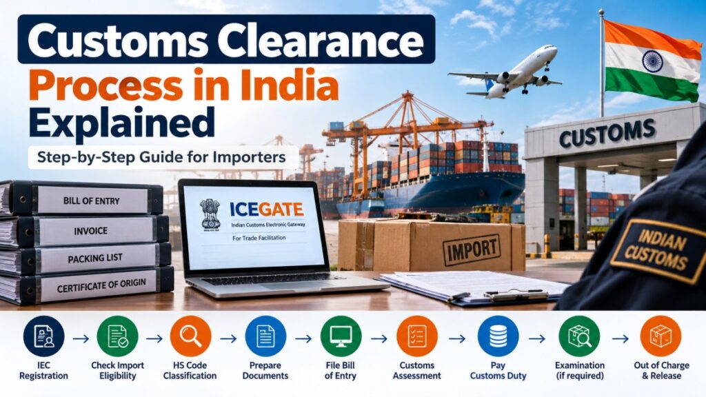 Customs Clearance Process in India Explained by SAVI Enterprises, featuring import documentation, ICEGATE, customs duty payment, cargo inspection, and shipment clearance.