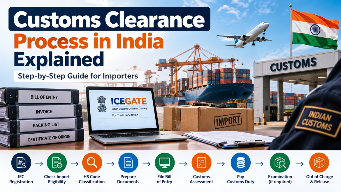 Customs Clearance Process in India Explained by SAVI Enterprises, featuring import documentation, ICEGATE, customs duty payment, cargo inspection, and shipment clearance.