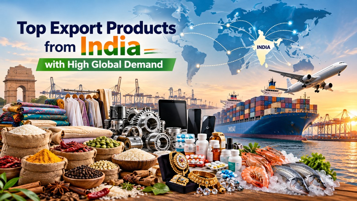 Top export products from India with high global demand, including spices, rice, textiles, engineering goods, electronics, pharmaceuticals, jewellery, and seafood, highlighting international trade, cargo shipping, and global export opportunities by Savi Enterprises.